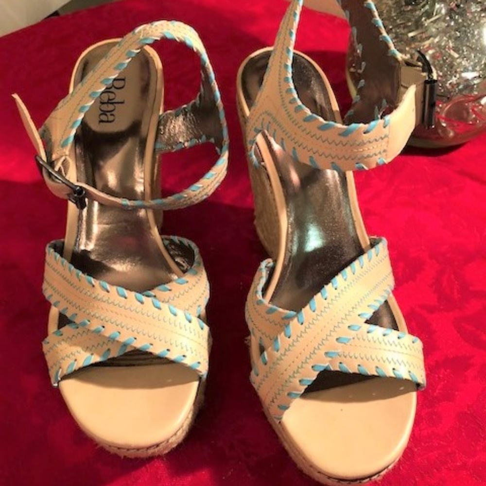Reba Tan & Blue Wedge Sandal Size 10 Medium